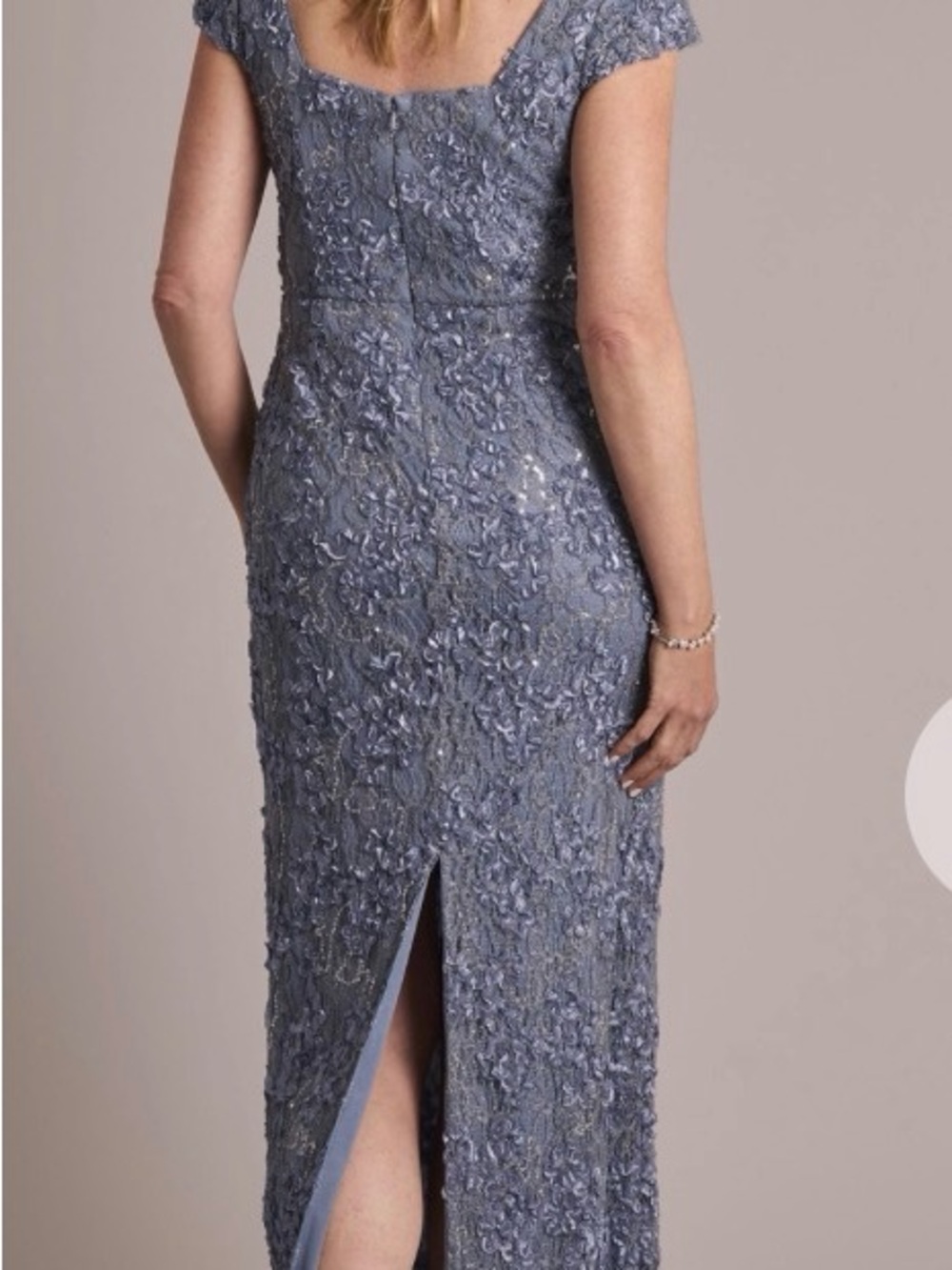 Oleg Cassini Dusty Blue Lace Beaded Maxi Gown - Picture 2 of 10